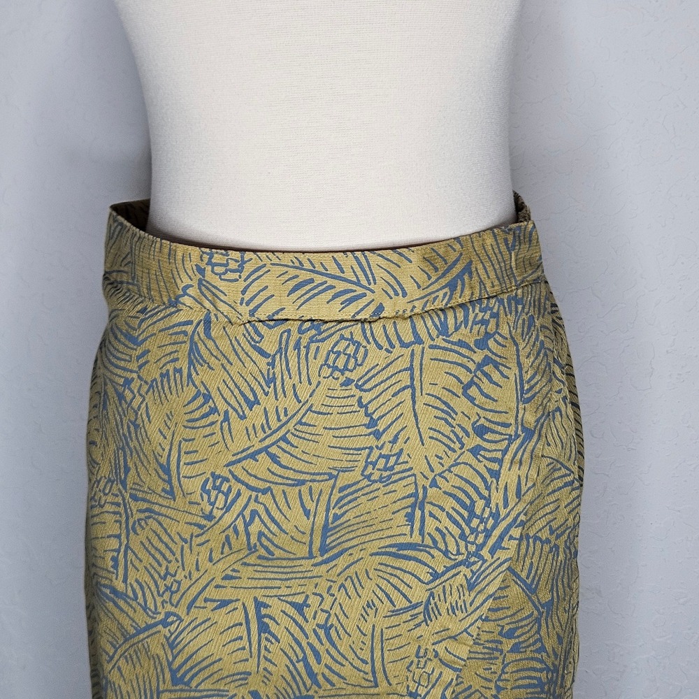 PrAna Organic Cotton Wrap Tulip Skirt Blue Tropical Leaf Mustard Boho Summer L - Picture 2 of 9